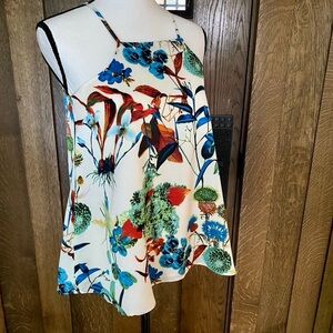 European Floral Spaghetti-Strap Top- Off-White & Multicolor Tropical Print XS ♥️